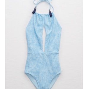 One piece swimsuit with front opening and open bac